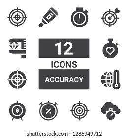 accuracy icon set. Collection of 12 filled accuracy icons included Chronometer, Goal, Thermometer, Dartboard, Stopwatch, Measurement, Target