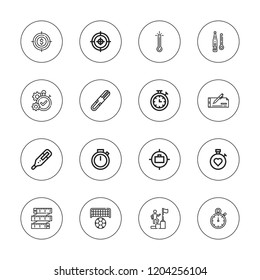 Accuracy icon set. collection of 16 outline accuracy icons with cheque, chronometer, goal, measuring tape, stopclock, stopwatch, thermometer, tweezers icons.