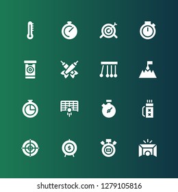accuracy icon set. Collection of 16 filled accuracy icons included Goal, Stopwatch, Dartboard, Quiver, Chronometer, Newtons cradle, Darts, Target, Thermometer