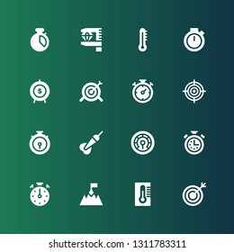 accuracy icon set. Collection of 16 filled accuracy icons included Target, Thermometer, Goal, Stopclock, Stopwatch, Dart, Chronometer, Measurement