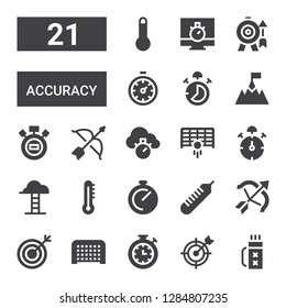 accuracy icon set. Collection of 21 filled accuracy icons included Quiver, Goal, Stopwatch, Target, Archery, Thermometer, Chronometer, Goals, Stop watch, Stopclock