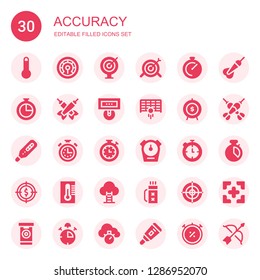 accuracy icon set. Collection of 30 filled accuracy icons included Thermometer, Darts, Target, Chronometer, Goal, Stopwatch, Quiver, Dartboard, Dart, Stop watch, Archery