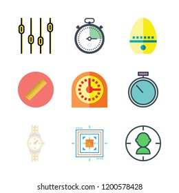 accuracy icon set. vector set about levels, wristwatch, stopclock and aim icons set.