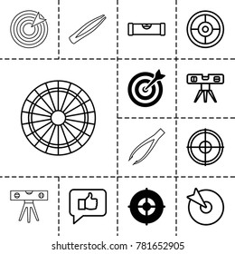 Accuracy icons. set of 13 editable outline accuracy icons such as target, level ruler, thumb up, tweezers