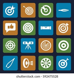 accuracy icons set. Set of 16 accuracy filled icons such as level ruler, tweezers, target, thumb up, arrows in target