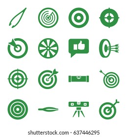 Accuracy icons set. set of 16 accuracy filled icons such as level ruler, tweezers, target, thumb up, arrows in target