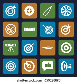 Accuracy icons set. set of 16 accuracy filled icons such as level ruler, tweezers, target, thumb up, arrows in target
