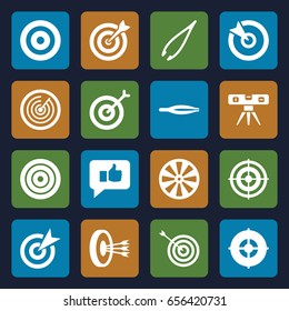 Accuracy icons set. set of 16 accuracy filled icons such as tweezers, target, level ruler, thumb up, arrows in target