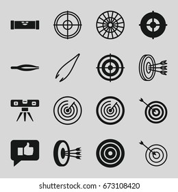 Accuracy icons set. set of 16 accuracy filled and outline icons such as level ruler, tweezers, target, thumb up, arrows in target