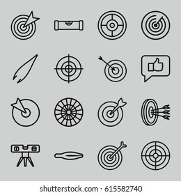 Accuracy icons set. set of 16 accuracy outline icons such as level ruler, tweezers, target, arrows in target, dart
