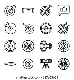Accuracy icons set. set of 16 accuracy outline icons such as level ruler, tweezers, target, arrows in target, dart