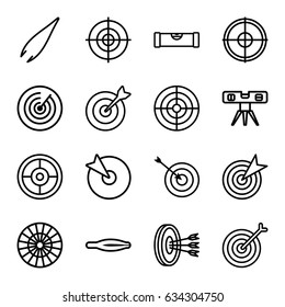 Accuracy icons set. set of 16 accuracy outline icons such as level ruler, tweezers, target, arrows in target