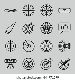 Accuracy icons set. set of 16 accuracy outline icons such as level ruler, tweezers, target, arrows in target, dart