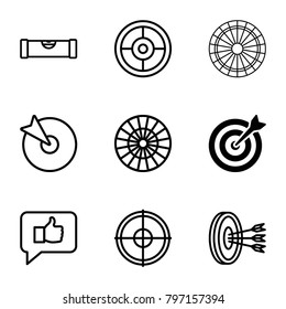 Accuracy icons. set of 9 editable outline accuracy icons such as target, level ruler, dart, thumb up