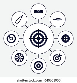 Accuracy icons set. set of 9 accuracy filled icons such as level ruler, tweezers, target