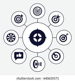Accuracy icons set. set of 9 accuracy filled icons such as target, thumb up, arrows in target