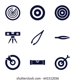Accuracy icons set. set of 9 accuracy filled icons such as level ruler, tweezers