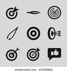 Accuracy icons set. set of 9 accuracy filled icons such as tweezers, target, thumb up