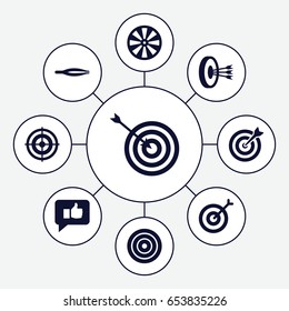 Accuracy icons set. set of 9 accuracy filled icons such as tweezers, target, thumb up, arrows in target