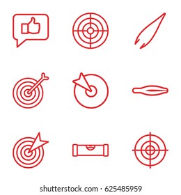 Accuracy icons set. set of 9 accuracy outline icons such as level ruler, tweezers, target