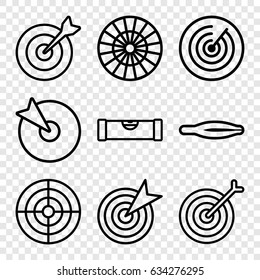 Accuracy icons set. set of 9 accuracy outline icons such as level ruler, tweezers, target