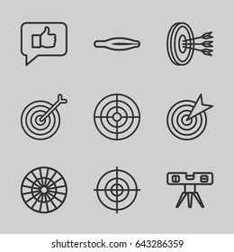 Accuracy icons set. set of 9 accuracy outline icons such as tweezers, level ruler, target, arrows in target, dart