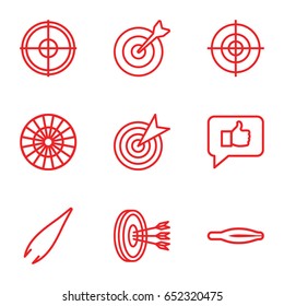 Accuracy icons set. set of 9 accuracy outline icons such as tweezers, target, arrows in target, dart