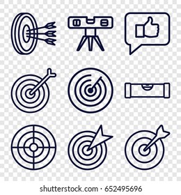 Accuracy icons set. set of 9 accuracy outline icons such as level ruler, target, arrows in target