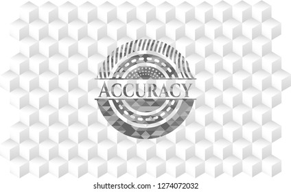 Accuracy realistic grey emblem with geometric cube white background