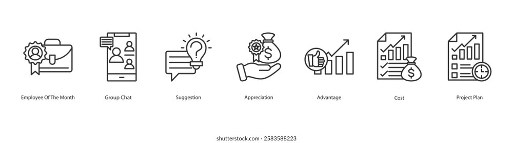  Accuracy Results Icon Sheet Employee Of The Month, Group Chat, Suggestion, Appreciation, Project Plan, Advantage, Cost