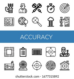 accuracy simple icons set. Contains such icons as Quiver, Thermometer, Watchmaker, Target, Darts, Stopwatch, Goal, Focus, Cheque, Goals, Dart, can be used for web, mobile and logo