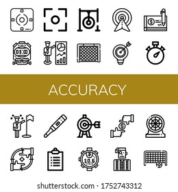 accuracy simple icons set. Contains such icons as Focus, Stopwatch, Target, Darts target, Goal, Cheque, Goals, Thermometer, Watchmaker, Darts, can be used for web, mobile and logo