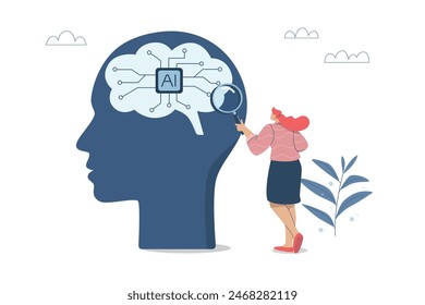 Genaue Analyse von Daten oder Fakten aus künstlicher Intelligenz, Menschen analysieren Daten, die durch KI erzeugt werden. Eine Geschäftsfrau benutzt eine Lupe, um sich die komplizierten Schaltkreise in einem Robotergehirn, Vektorgrafik, anzusehen.