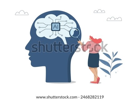 Accurate analysis of data or facts from artificial intelligence, Humans analyze data generated by AI. Businesswoman uses a magnifying glass to look at the complex circuitry in a robot brain, Vector.