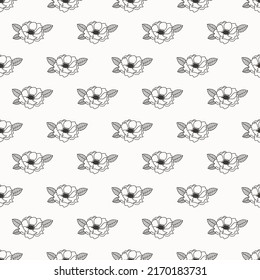 Patrón botánico preciso y sin costura para tela, textil, ropa, ropa de cama, papel de envoltura. Flores negras y blancas, fondo floral. Resumen de fondo floral