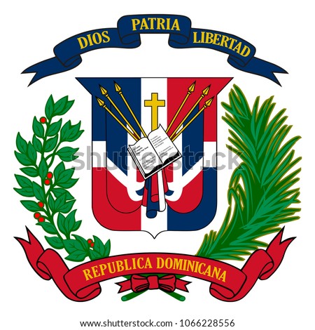Accurate coat of arms of Dominican Republic. Colorful symbol isolated on white background. Dominican Republic flag and coat of arms. Detailed sign vector illustration