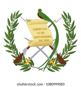 Escudo de armas preciso de Guatemala. Símbolo colorido aislado sobre fondo blanco. Bandera de Guatemala y escudo de armas. Ilustración detallada del vector de signo