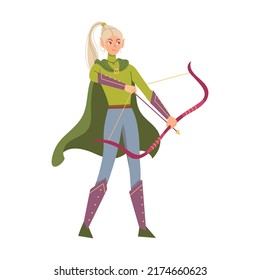 Accurate elf archer hunter. Fantasy cartoon character illustration. Fairytale humans and creatures. Elf, orc magician, druid cartoon personages. Fantasy games figures