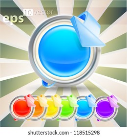 Accurate glossy buttons with arrow poiner bending around it, six colors, eps10 vector icon emblem