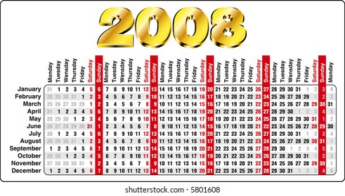 Accurate Horizontal Calendar for 2008 year