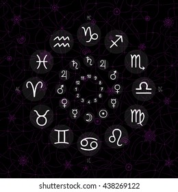 accurate horoscope illustration, hand drawing of the zodiac wheel with ancient ruling planet symbols on dark whimsical starry background
