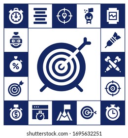 präziser Symbolsatz. 17 füllte akkurate Symbole.  Einfache, moderne Symbole wie: Stoppuhr, Stoppuhr, Ziel, Kunst, Darstellungen, Zentrierausrichtung, Chronometer, Ziel, Uhr