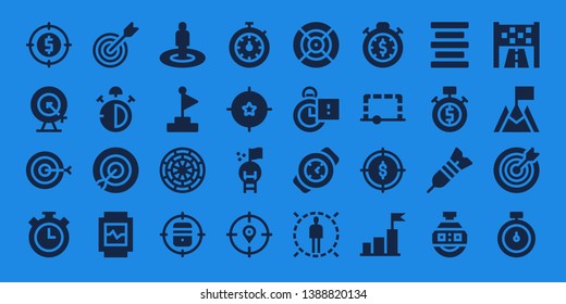 accurate icon set. 32 filled accurate icons. on blue background style Simple modern icons about  - Target, Goal, Stopwatch, Stop watch, Watch, Dart board, Dart, Stopclock, Center alignment