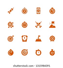 accurate icon set. Collection of 16 filled accurate icons included Stopwatch, Chronometer, Dart board, Goal, Target, Darts, Watch, Stopclock