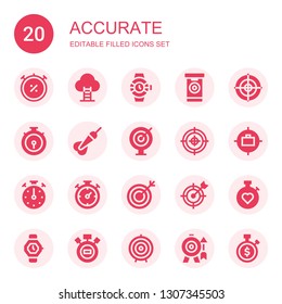 accurate icon set. Collection of 20 filled accurate icons included Chronometer, Goal, Watches, Darts, Dartboard, Dart, Target, Stopclock, Stopwatch, Watch, Dart board