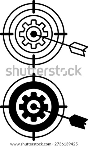 Accurate Icons. Glyph and Line Vector Illustrations. Target, Gear, and Arrow. Correct, True. Achieving the End Result. Success Concept