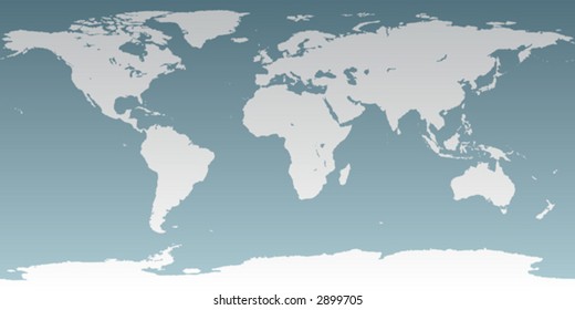 Accurate map of the world. Includes Antarctica. Maps to a sphere to make a globe accurately to latitude and longitude. Includes many islands -Hawaii, Galapagos, etc. Largest lakes and seas included.