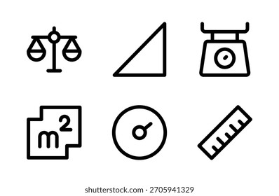 Conjunto de iconos de medida precisos con símbolos modernos de medición y precisión diseñados para herramientas gráficas, imágenes de ingeniería y proyectos de dimensionamiento profesional
