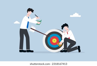 Accurate measurement to assess business performance, error checking to improve to goal concept, Businessman and colleague helping each other to measure distance between arrow and bullseye.