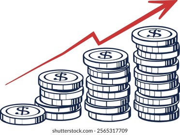 Accurate piles of coins growing up vector illustration.